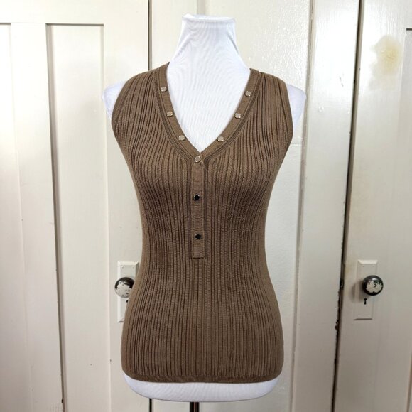WHBM White House Black Market Brown Medium Knit Ribbed Fitted Tank Top Gold Stud - Picture 2 of 9
